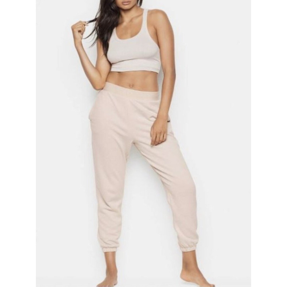 Victoria's Secret Beige Fleece Joggers Wide Waistband Sweatpants Womens Small